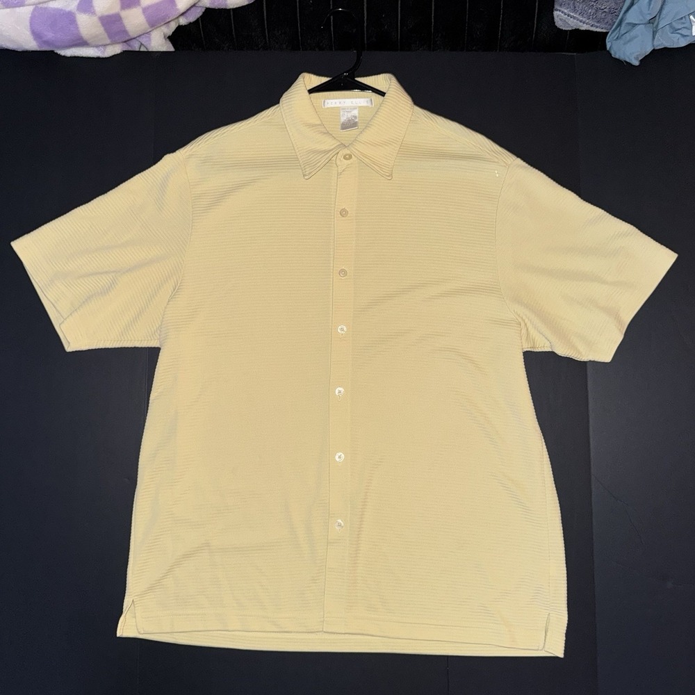 Men's Large Perry Ellis Modal Polyester Beige Solid Short Sleeve Button-Up Shirt